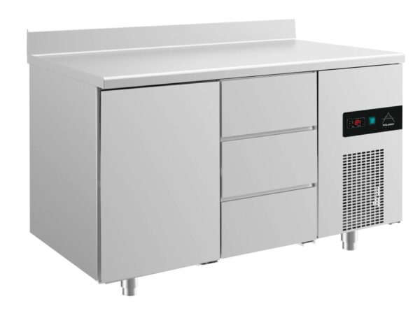 A&S Gastro Kühltisch -2 bis +8°C 1400x700x850mm mit 1x Tür und 1x drei Schubladen u. Aufkantung KT2TDA