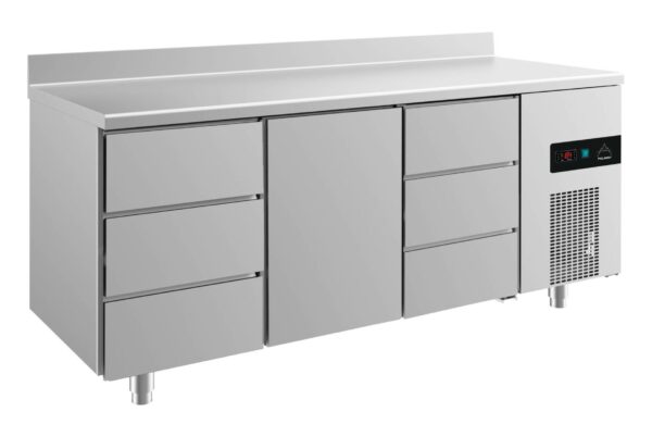 A&S Gastro Kühltisch -2 bis +8°C 1865x700x850mm mit 1x Tür und 2x drei Schubladen u. Aufkantung KT3DTDA