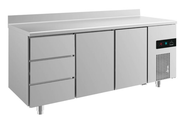 A&S Gastro Kühltisch -2 bis +8°C 1865x700x850mm mit 2x Türen und 1x drei Schubladen u. Aufkantung KT3DTTA