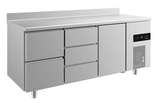 A&S Gastro Kühltisch -2 bis +8°C 1865x700x850mm mit 1x Tür, 1x zwei Schubladen und 1x drei Schubladen u. Aufkantung KT3ZDTA