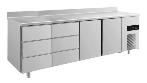 A&S Gastro Kühltisch -2 bis +8°C 2330x700x850mm mit 2x Türen und 2x drei Schubladen u. Aufkantung KT4DDTTA