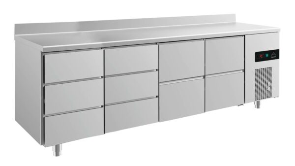 A&S Gastro Kühltisch -2 bis +8°C 2330x700x850mm mit 2x zwei Schubladen und 2x drei Schubladen u. Aufkantung KT4DDZZA