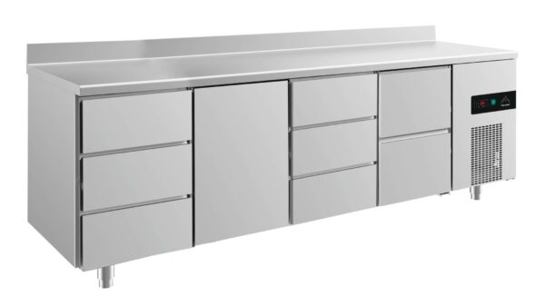 A&S Gastro Kühltisch -2 bis +8°C 2330x700x850mm mit 1x Tür, 1x zwei Schubladen und 2x 3 Schubladen u. Aufkantung KT4DTDZA