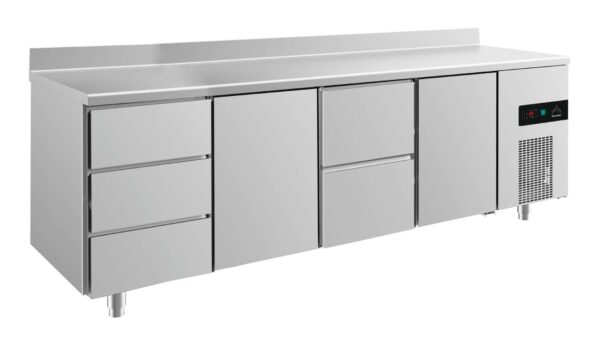 A&S Gastro Kühltisch -2 bis +8°C 2330x700x850mm mit 2x Türen, 1x zwei Schubladen und 1x 3 Schubladen u. Aufkantung KT4DTZTA