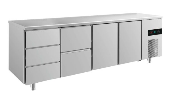 A&S Gastro Kühltisch -2 bis +8°C 2330x700x850mm mit 2x Türen, 1x zwei Schubladen und 1x 3 Schubladen KT4DZTT