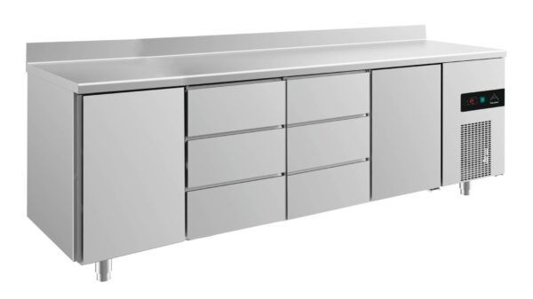 A&S Gastro Kühltisch -2 bis +8°C 2330x700x850mm mit 2x Türen und 2x drei Schubladen u. Aufkantung KT4TDDTA