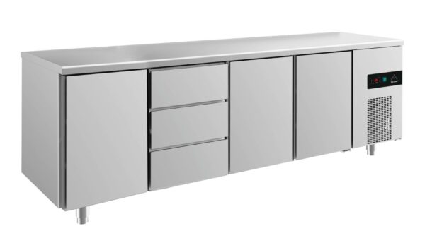 A&S Gastro Kühltisch -2 bis +8°C 2330x700x850mm mit 3x Türen und 1x drei Schubladen KT4TDTT