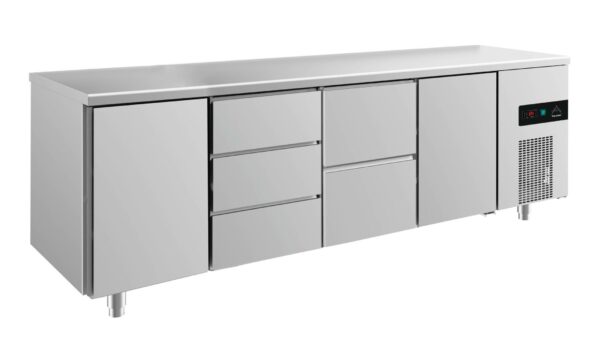 A&S Gastro Kühltisch -2 bis +8°C 2330x700x850mm mit 2x Türen, 1x zwei Schubladen und 1x 3 Schubladen KT4TDZT