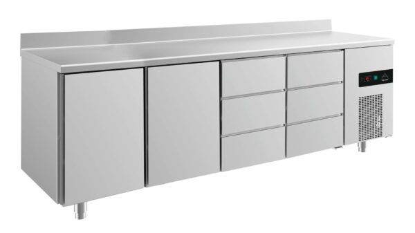 A&S Gastro Kühltisch -2 bis +8°C 2330x700x850mm mit 2x Türen und 2x drei Schubladen u. Aufkantung KT4TTDDA