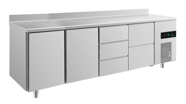 A&S Gastro Kühltisch -2 bis +8°C 2330x700x850mm mit 2x Türen, 1x zwei Schubladen und 1x 3 Schubladen u. Aufkantung KT4TTDZA