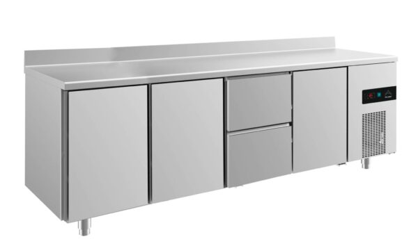 A&S Gastro Kühltisch -2 bis +8°C 2330x700x850mm mit 3x Türen und 1x zwei Schubladen u. Aufkantung KT4TTZTA
