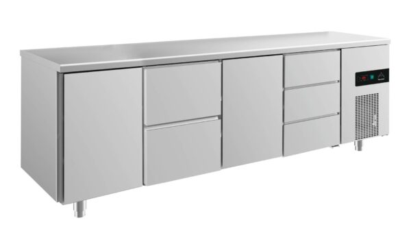 A&S Gastro Kühltisch -2 bis +8°C 2330x700x850mm mit 2x Türen, 1x zwei Schubladen und 1x 3 Schubladen KT4TZTD