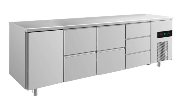 A&S Gastro Kühltisch -2 bis +8°C 2330x700x850mm mit 1x Tür, 2x zwei Schubladen und 1x 3 Schubladen KT4TZZD