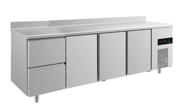 A&S Gastro Kühltisch -2 bis +8°C 2330x700x850mm mit 3x Türen und 1x zwei Schubladen u. Aufkantung KT4ZTTTA