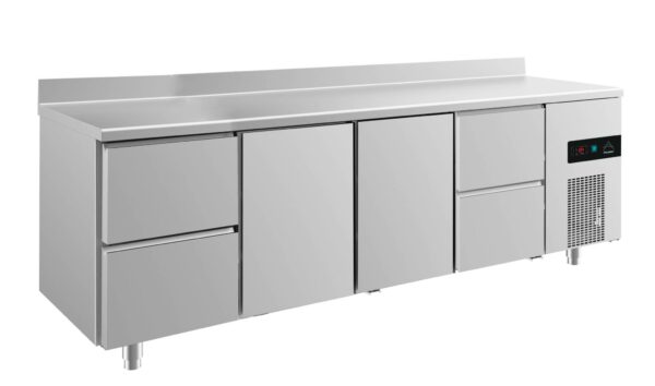 A&S Gastro Kühltisch -2 bis +8°C 2330x700x850mm mit 2x Türen und 2x zwei Schubladen u. Aufkantung KT4ZTTZA