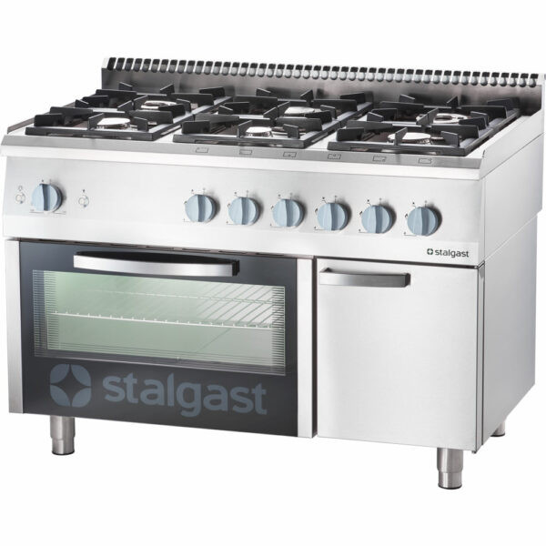 Stalgast Gasherd mit 6 Brennern (3,5+3x5+2x7), Gas-Backofen GN2/1 und Unterschrank, Serie 700 ND
