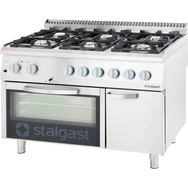 Stalgast Gasherd mit 6 Brennern (3,5+3x5+2x7), Elektro-Umluft-Backofen GN1/1 und Unterschrank, Serie 700 ND