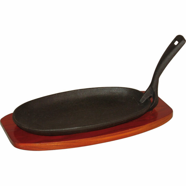 Stalgast Servierpfanne aus Gusseisen mit Holzuntersetzer, Abmessung 24 x 14 cm