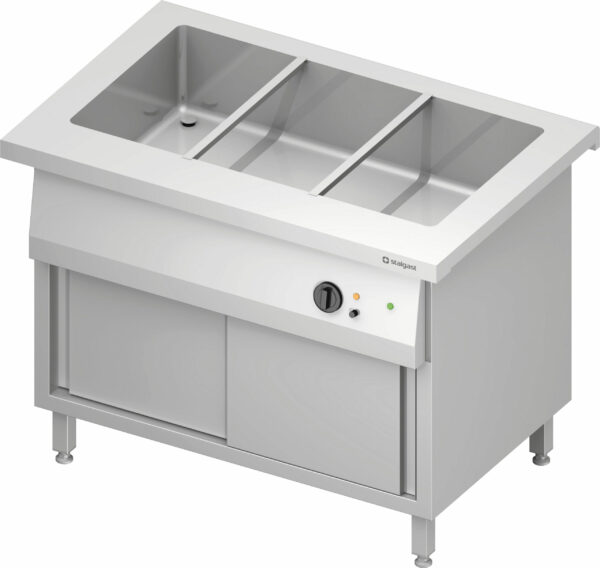 Stalgast Bain-Marie-Station "Free Flow" mit einem Becken 3x GN1/1 und Schiebetüren, 1132x750x880 mm Edelstahlabdeckung