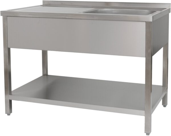 A&S Gastro Spültisch 1200 x 600 x 850 mm 1 Becken rechts,
mit Grundboden 
600 mm Tiefe SPT1261BR