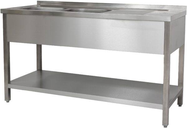 A&S Gastro Spültisch 1500 x 600 x 850 mm 2 Becken links,
mit Grundboden 
600 mm Tiefe SPT1562BL