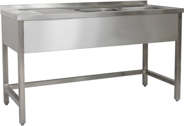 A&S Gastro Spültisch 1500 x 600 x 850 mm 2 Becken rechts,
Ohne Grundboden 
600 mm Tiefe SPTO1562BR