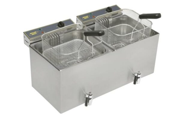 Roller Grill Tisch Doppelfritteuse 2 Becken A 12 Liter + Ablasshahn, Kaltzone Elektro Mf 120Dr