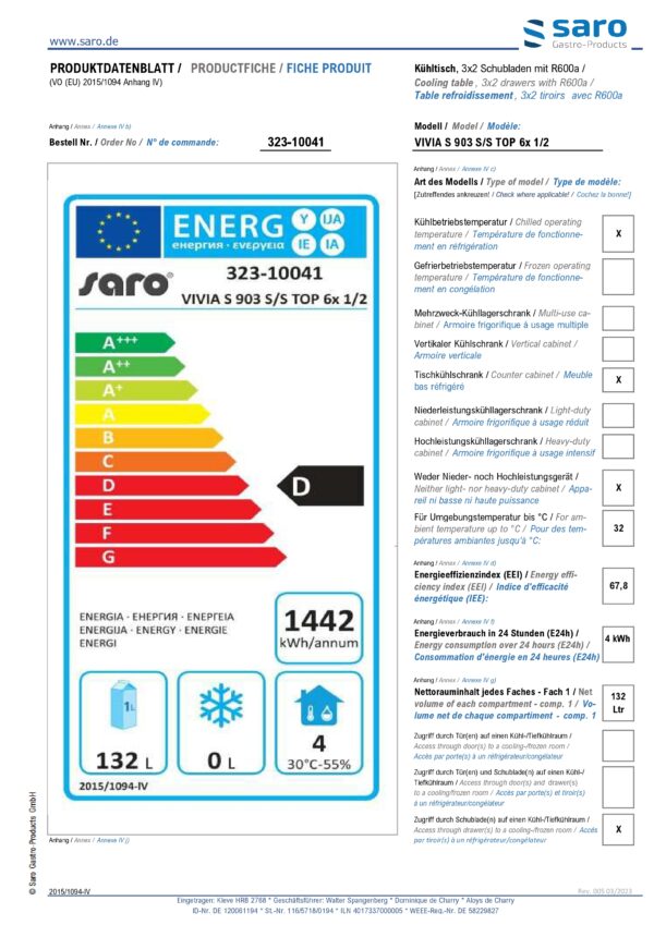 SARO Kühltisch mit 6 Schubladen, VIVIA S 903 S/S TOP 6x 1/2 GN – Bild 4