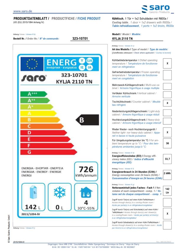 SARO Kühltisch mit 1 Tür und 1x 2er Schubladenset, 
Modell KYLJA 2110 TN – Bild 4