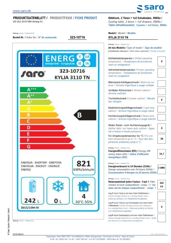 SARO Kühltisch mit 2 Türen und 1x 2er Schubladenset, 
Modell KYLJA 3110 TN – Bild 4