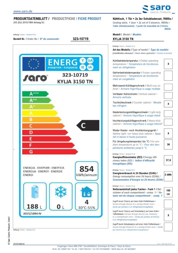 SARO Kühltisch mit 1 Tür und 2x 3er Schubladenset, 
Modell KYLJA 3150 TN – Bild 4