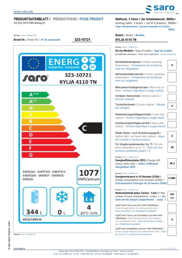 SARO Kühltisch mit 3 Türen und 1x 2er Schubladenset, 
Modell KYLJA 4110 TN – Bild 4
