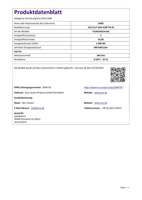 SARO Unterbaukühltisch mit 4 Schubladen, 
Modell UGN 4100 TN-4S – Bild 4