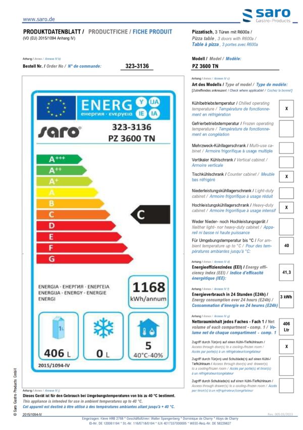 SARO Pizzatisch, 3 Türen, 
Modell PZ 3600 TN – Bild 4