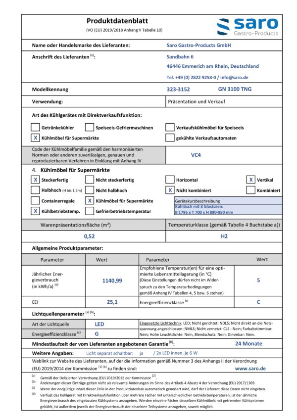SARO Kühltisch mit 3 Glastüren, 
Modell GN 3100 TNG – Bild 4