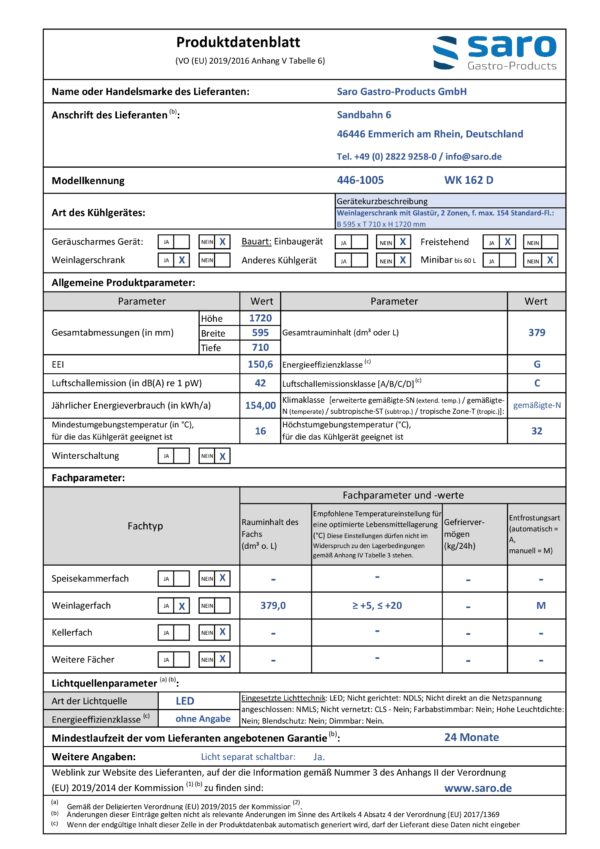 SARO Weinlagerschrank für 154 Flaschen, 2 Zonen, 
Modell WK 162 D – Bild 4