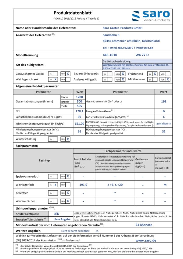 SARO Weinlagerschrank für 77 Flaschen, 2 Zonen, 
Modell WK 77 D – Bild 4