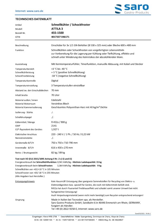 SARO Schockfroster - 3 x 1/1 GN, 
Modell ATTILA 3 – Bild 2