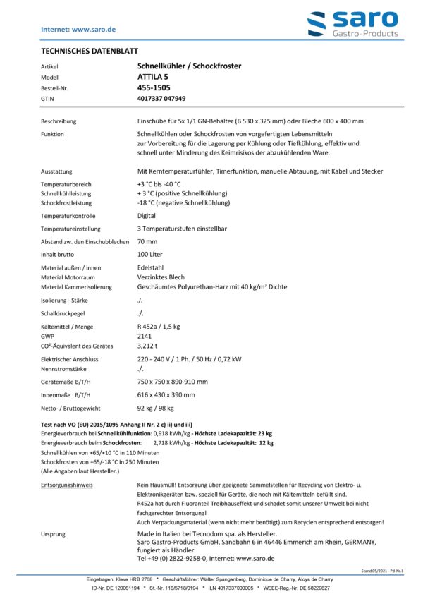 SARO Schockfroster - 5 x 1/1 GN, auf Rädern, 
Modell ATTILA 5 – Bild 2