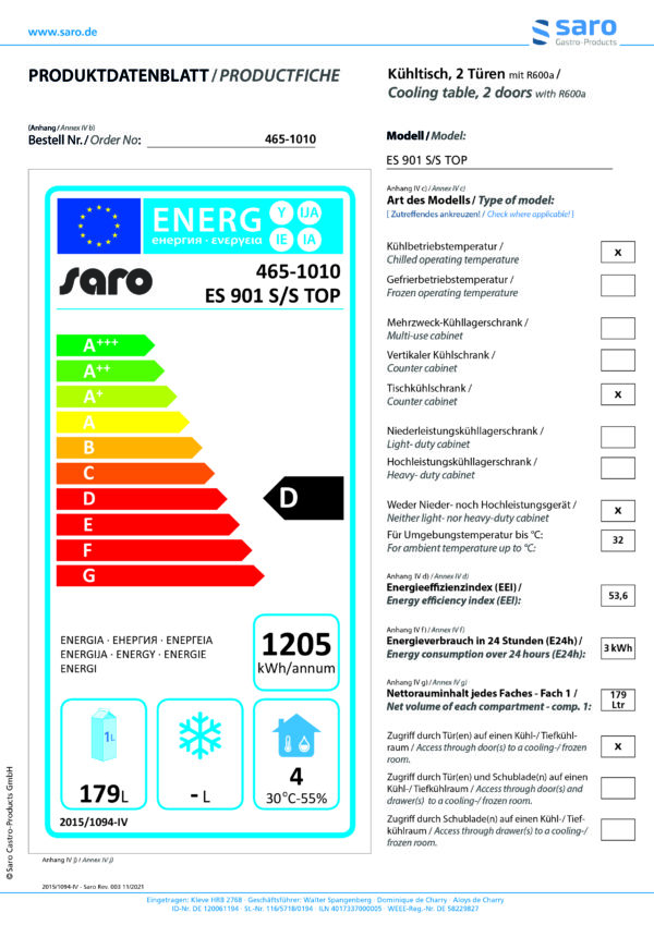 SARO Kühltisch mit 2 Türen, 
Modell ES 901 S/S TOP – Bild 4