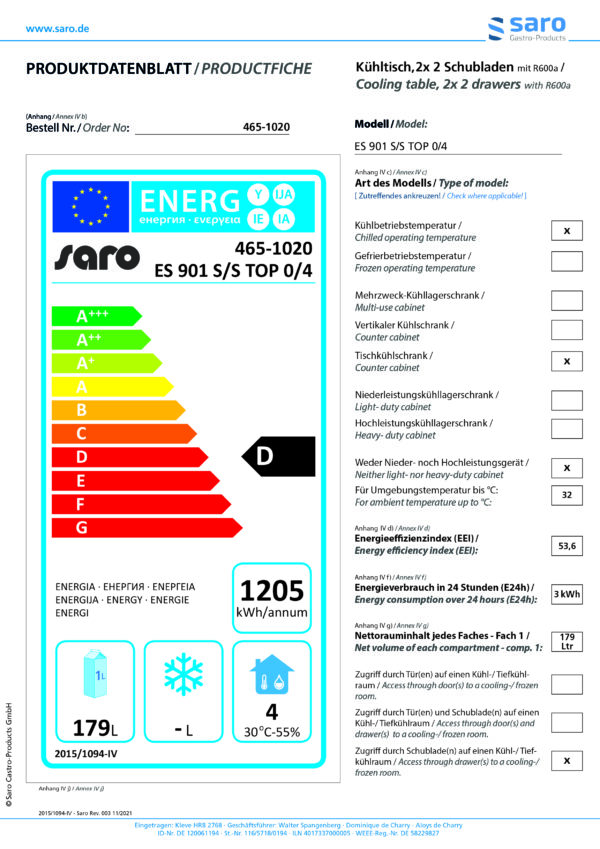 SARO Kühltisch mit Schubladen, 
Modell ES 901 S/S TOP 0/4 – Bild 4