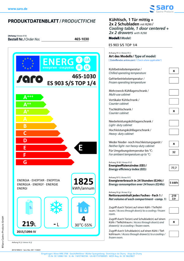 SARO Kühltisch mit Tür und Schubladen, 
Modell ES 903 S/S TOP 1/4 – Bild 4