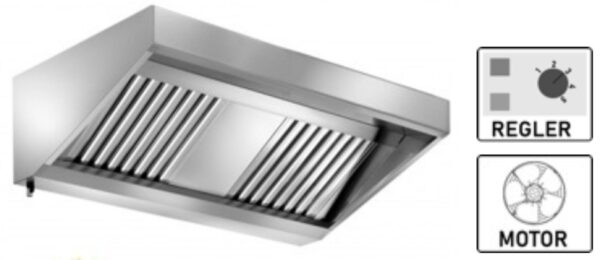 A&S Gastro Wandhaube Edelstahl inklusive eingebautem Ventilator (230 V) mit externem Regler, umlaufende Fettauffangrinne, 
herausnehmbare Flammschutzfilter Typ-B, Beleuchtung mit Leuchtstoffröhre, Fettablassventil WMR160/90