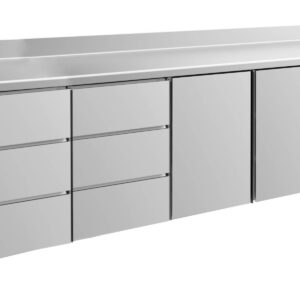 A&S Gastro Kühltisch -2 bis +8°C 2330x700x850mm mit 2x Türen und 2x drei Schubladen u. Aufkantung
