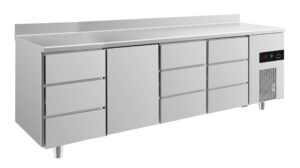 A&S Gastro Kühltisch -2 bis +8°C 2330x700x850mm mit 1x Tür und 3x drei Schubladen u. Aufkantung