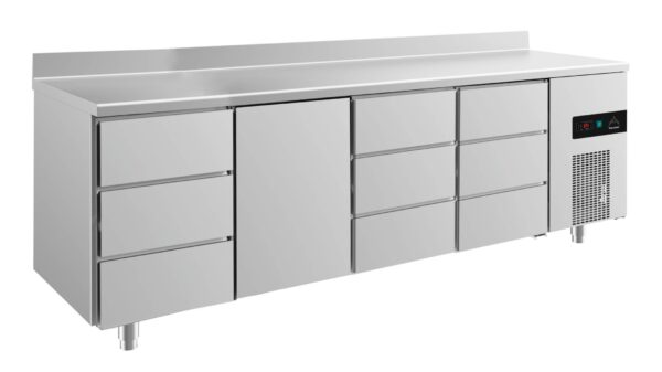 A&S Gastro Kühltisch -2 bis +8°C 2330x700x850mm mit 1x Tür und 3x drei Schubladen u. Aufkantung