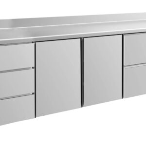 A&S Gastro Kühltisch -2 bis +8°C 2330x700x850mm mit 2x Türen, 1x zwei Schubladen und 1x 3 Schubladen u. Aufkantung