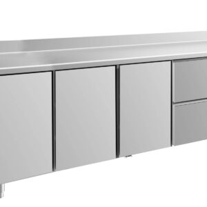 A&S Gastro Kühltisch -2 bis +8°C 2330x700x850mm mit 3x Türen und 1x zwei Schubladen u. Aufkantung