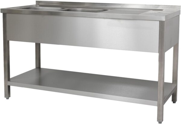 A&S Gastro Spültisch 1500 x 600 x 850 mm 2 Becken links, mit Grundboden  600 mm Tiefe