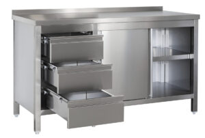 A&S Gastro Edelstahl Arbeitsschrank mit Aufkantung, Schubladenblock links,  Türen und höhenverstellbaren Zwischenboden | Bautiefe 700mm |  AISI 304
